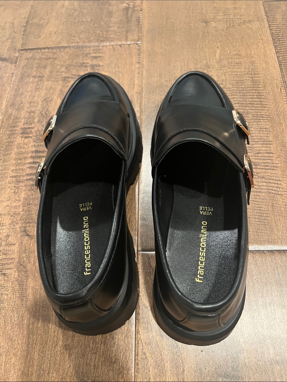 Women's Black Buckle Leather Loafers with Chunky Sole - Picture 3 of 4